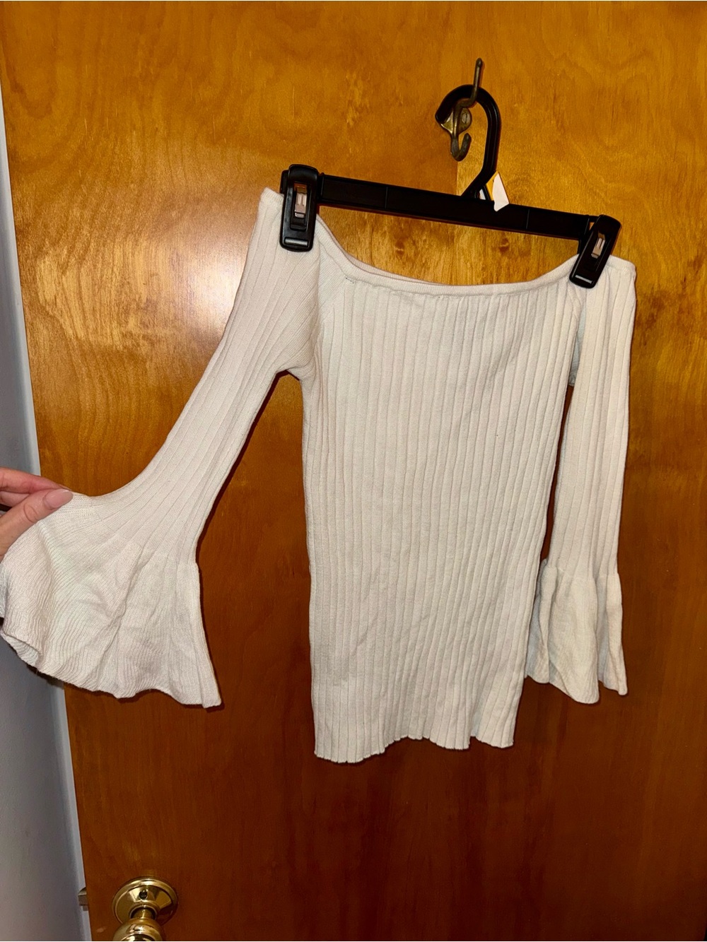 Off-Shoulder Bell Sleeve Ribbed Shirt